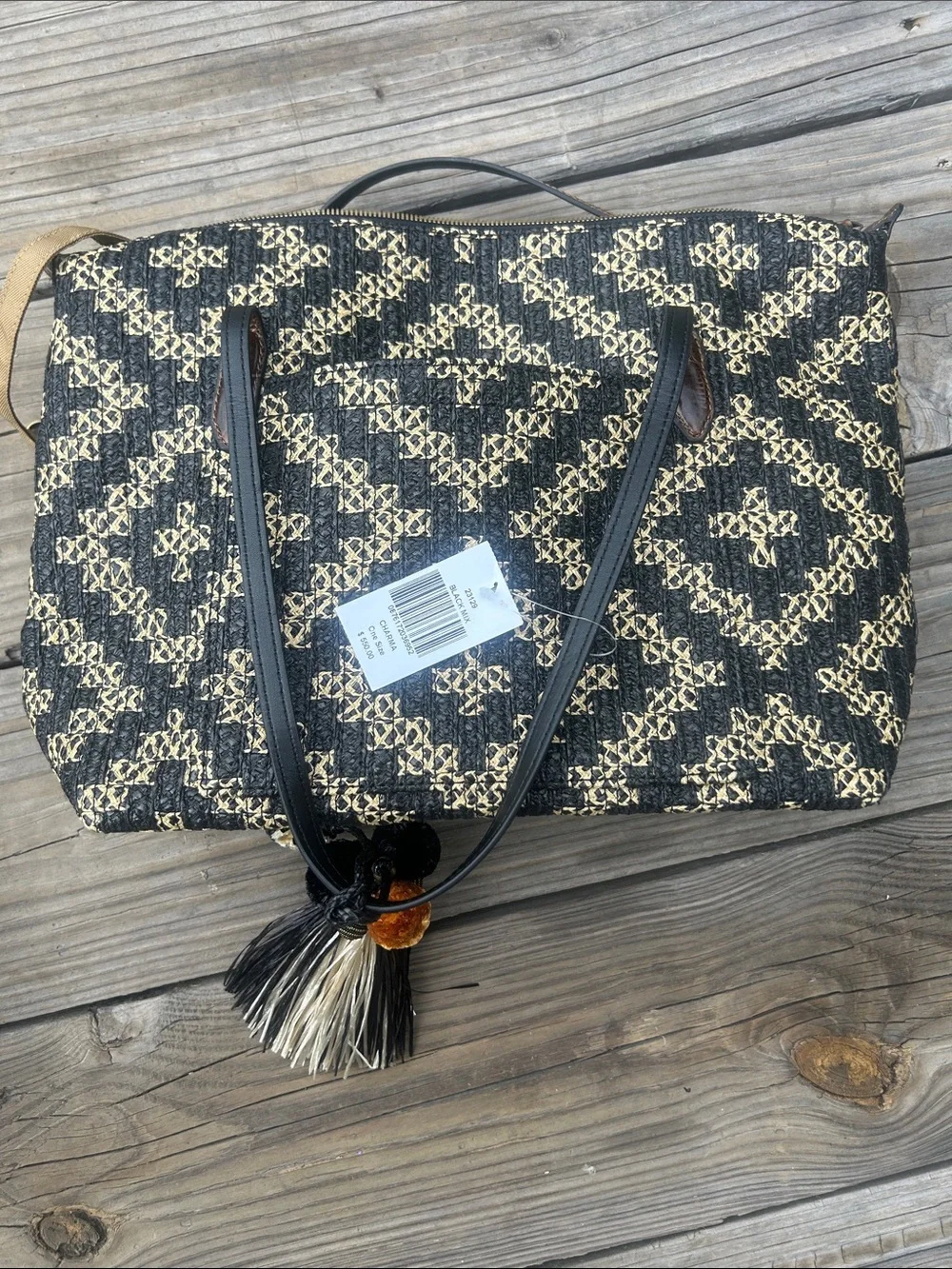 ERIC JAVITS Woven Black Tan Geometric Tote Bag NWT